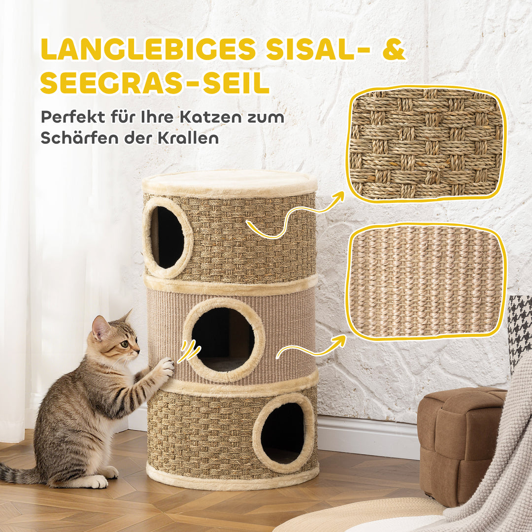 Kradsetønde, 79 cm høj, Ø45 cm, tre-etagers kattetønde med sisalreb, kattehule, til store katte, khaki+brun