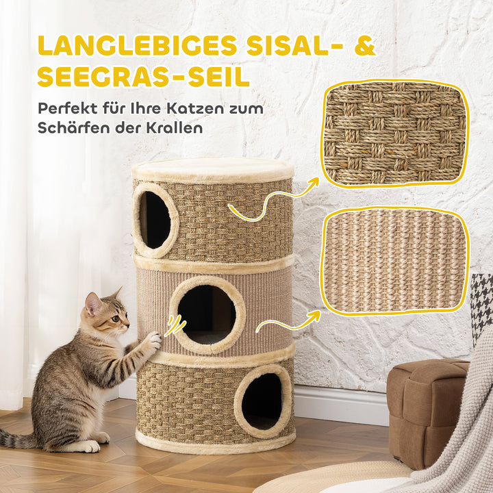 Kradsetønde, 79 cm høj, Ø45 cm, tre-etagers kattetønde med sisalreb, kattehule, til store katte, khaki+brun