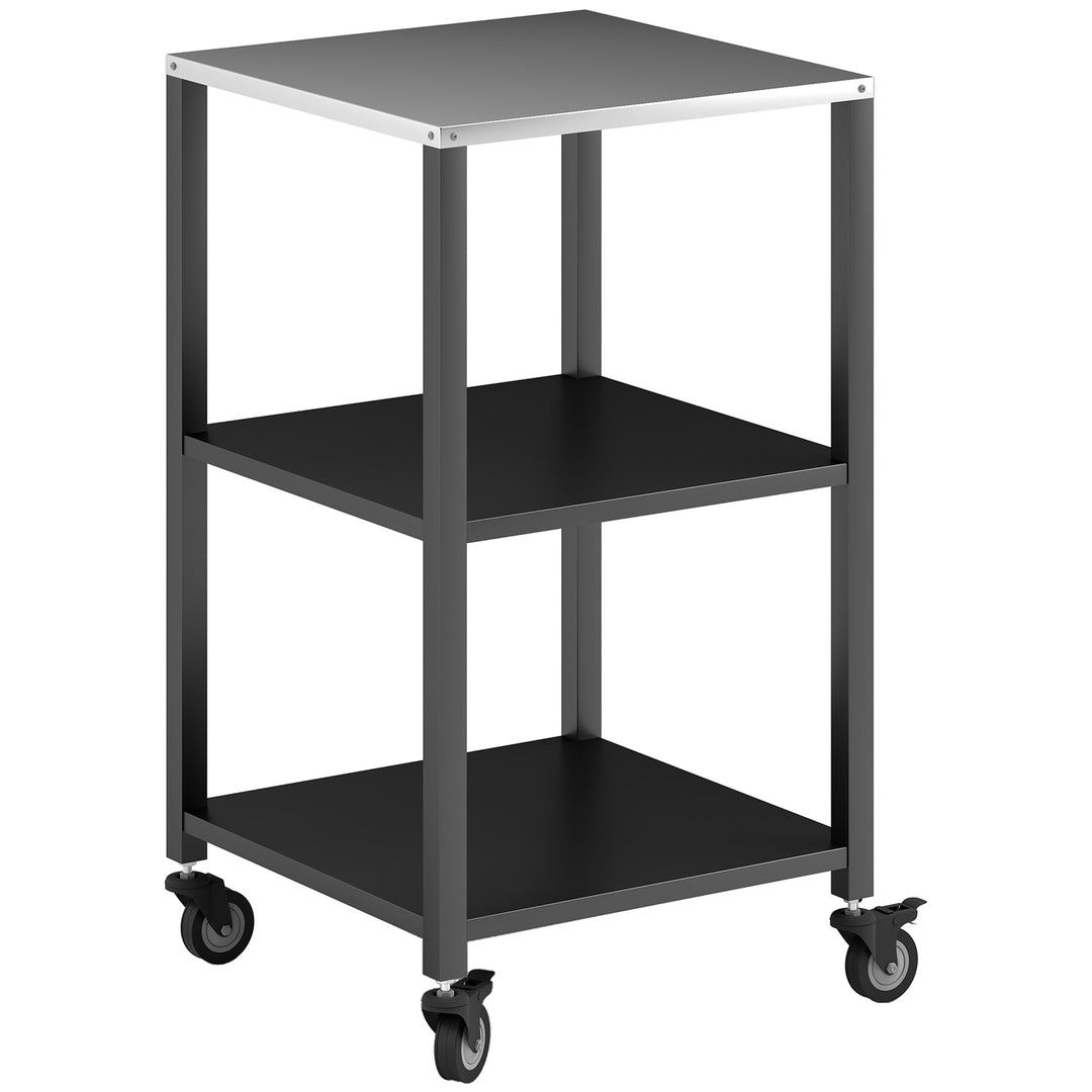 Grillvogn, 3-lags grillbord med arbejdsflade i rustfrit stål, hjul, mobil serveringsvogn, 50 x 50 x 90 cm, sort