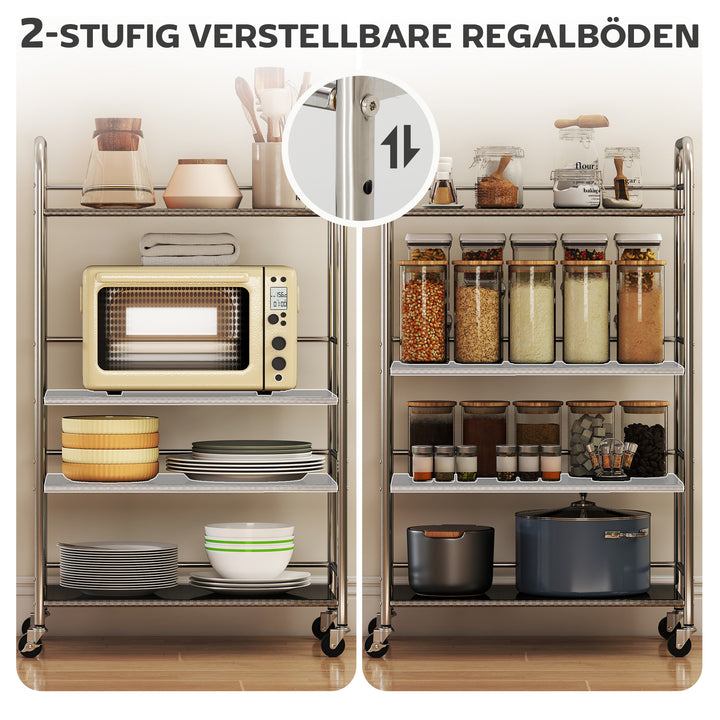 Køkkenvogn med rullebord og 4 niveauer, justerbare hylder og håndtag, til stuekøkken, sølv, 60 x 35 x 100 cm