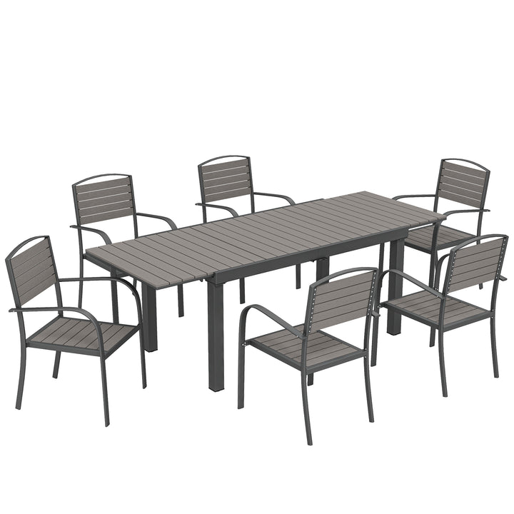 Havemøbelsæt, 7-delt siddegruppe, udtræksbord med 6 stabelbare stole, trælook, lameldesign, aluminiumsstel