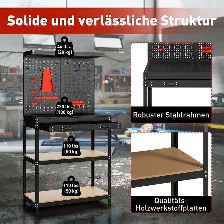 Arbejdsbænk 80 x 40,5 x 155 cm, værktøjsbænk med stiftbræt, kroge, skuffe, 2 hylder til værksted, sort