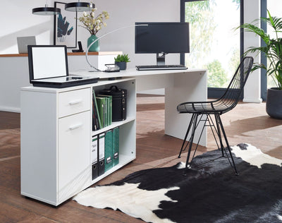 Designer hjørneskrivebord med hylde, 120 x 75,5 x 106,5 cm, hvid