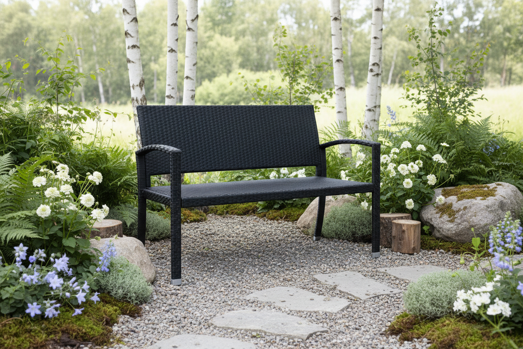 Havebænk i polyrattan, 122 x 87 x 60 cm, sort