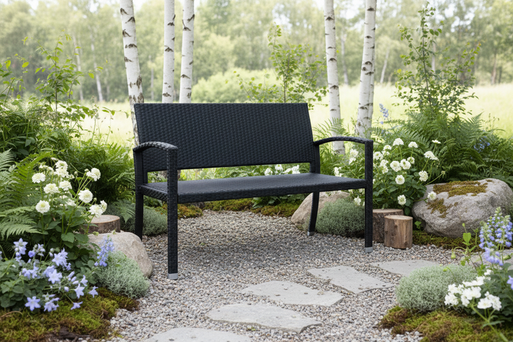 Havebænk i polyrattan, 122 x 87 x 60 cm, sort