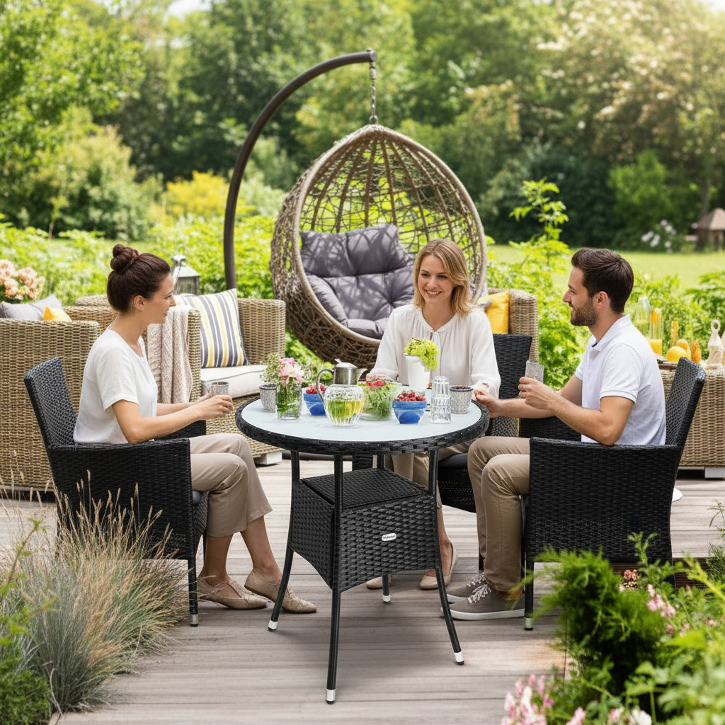 Polyrattan Havebord Rundt Ø60cm – Sort Bistrobord med Glasplade