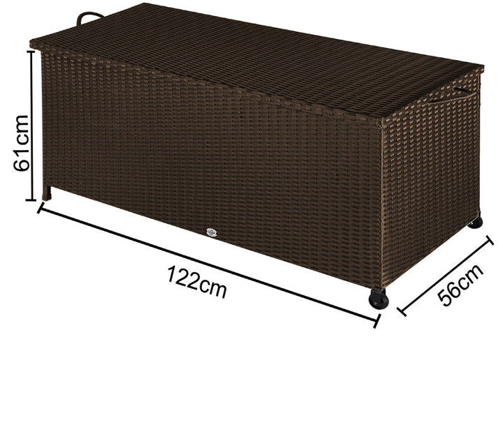 Opbevaringsboks polyrattan vandtæt rullebar 2 gastrykfjedre pude havebokskiste, farve: brun