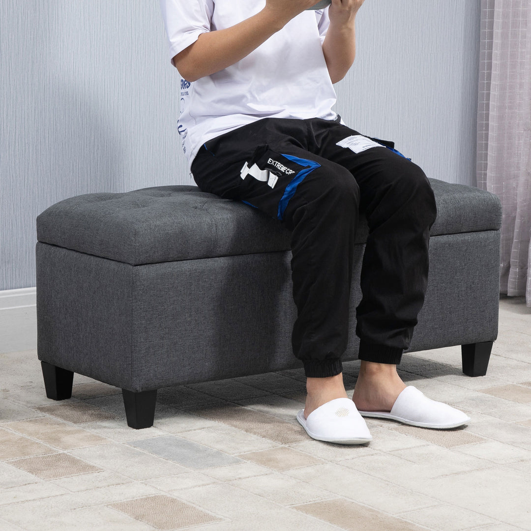 Bænk polstret bænk med opbevaringsplads kommodebænk entre soveværelse stue hørlignende polyester gummi træ mørkegrå 100 x 40 x 44 cm