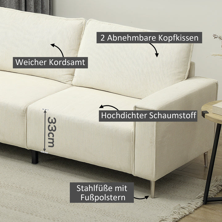 Moderne 3-personers sofa, blød sofa med ryghynder, polstret sofa til stue, soveværelse, hjemmekontor, cremehvid