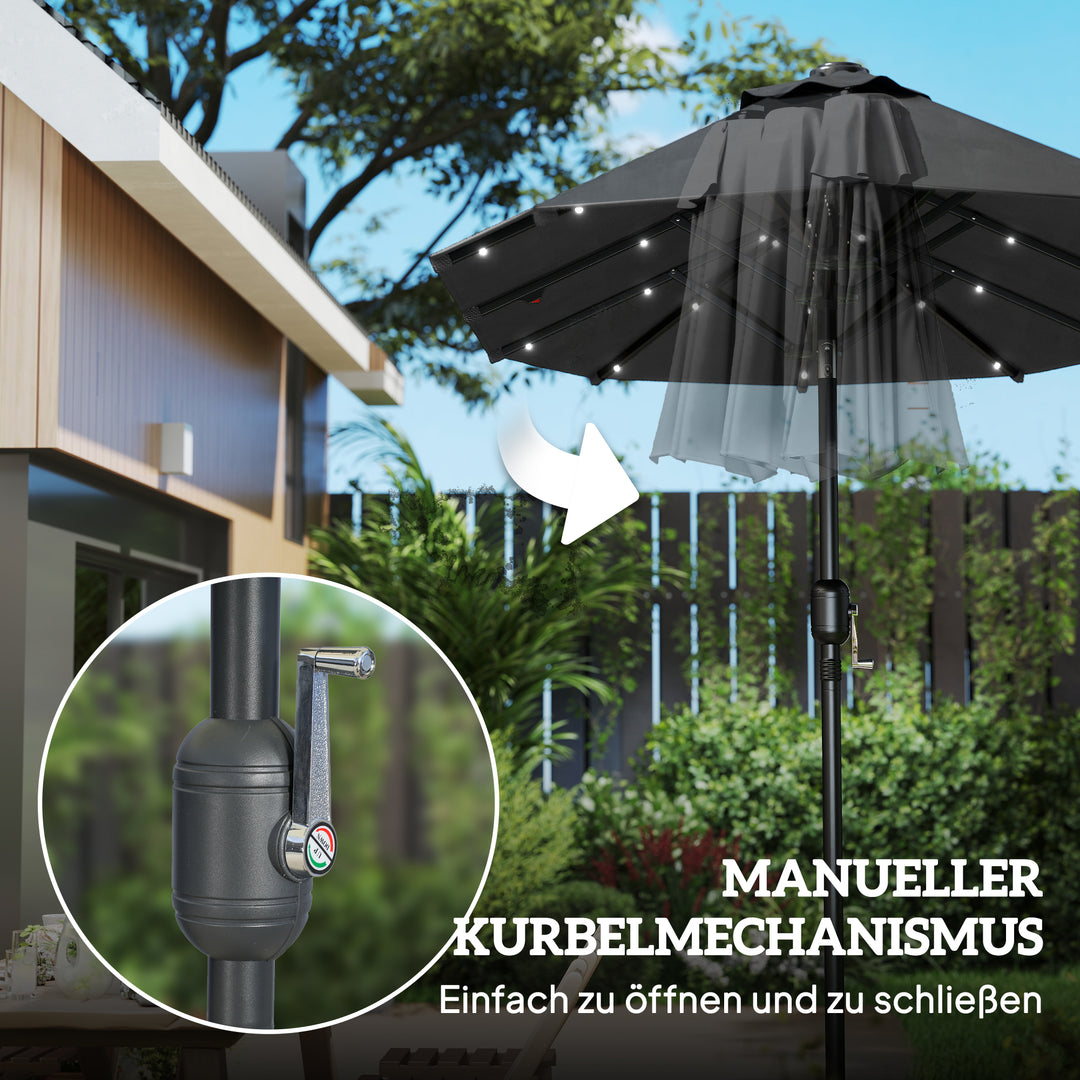 Dobbelt parasol, terrasseparasol, vipbar, med solpanel, 35 LED'er, stålramme, grå, 2,92 x 1,50 x 2,18 m