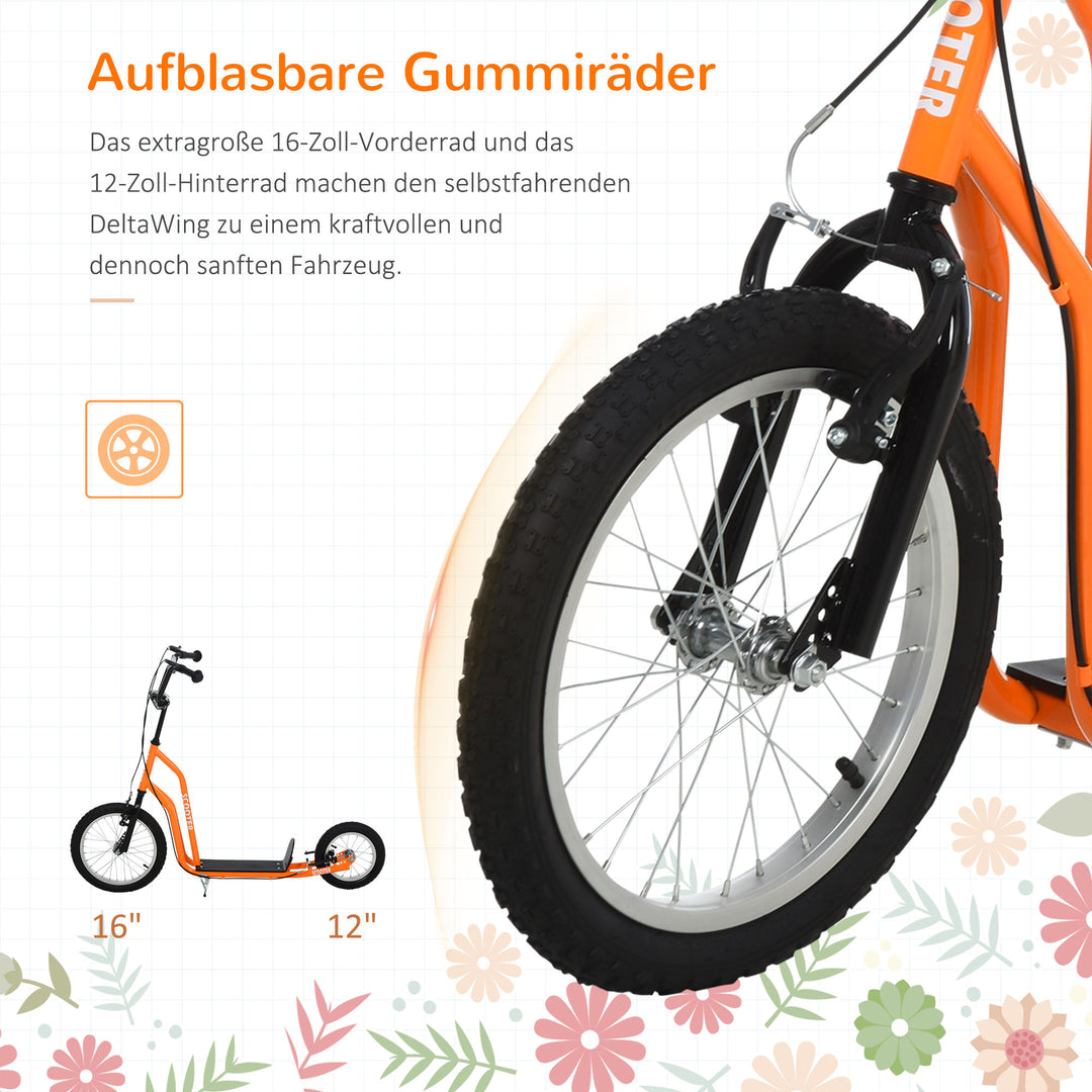 Børneløbehjul fra 5 år løbehjul spark løbehjul city scooter børneløbehjul kickboard med luftgummidæk 16/12 tommer orange 135 x 58 x 88-94 cm