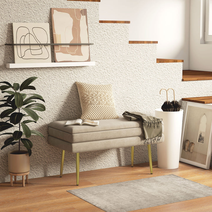 Polstret bænk med opbevaring, stål, 79,5 cm x 37,5 cm x 43 cm, beige