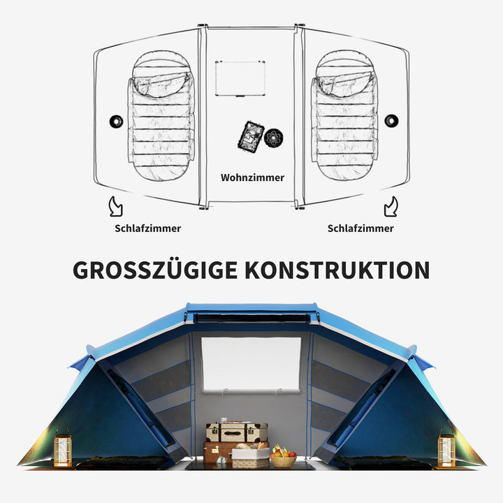 Let, stabilt, vandtæt campingtelt til 4-6 personer, familietelt med indgang og bund, 2000 mm vandsøjle, tunneltelt, kuppeltelt til camping, rejser, trekking og havebrug, blå