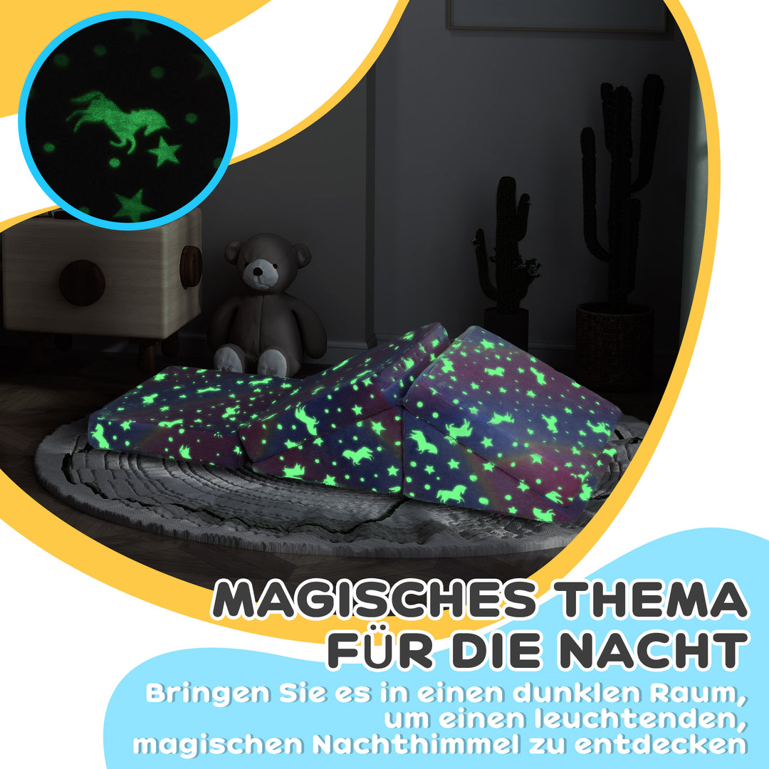 5-Delt modulært børnesofasæt med trappe og madras, pony- og stjernemønster, selvlysende, lyserød