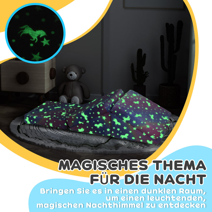 5-Delt modulært børnesofasæt med trappe og madras, pony- og stjernemønster, selvlysende, lyserød