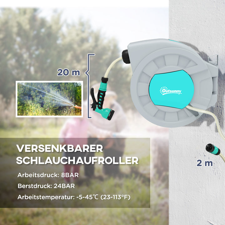 Haveslangeholder, 20+2 meter haveslange i robust hus, vægmontering, 7 sprøjtemønstre, 180° roterbar, grå