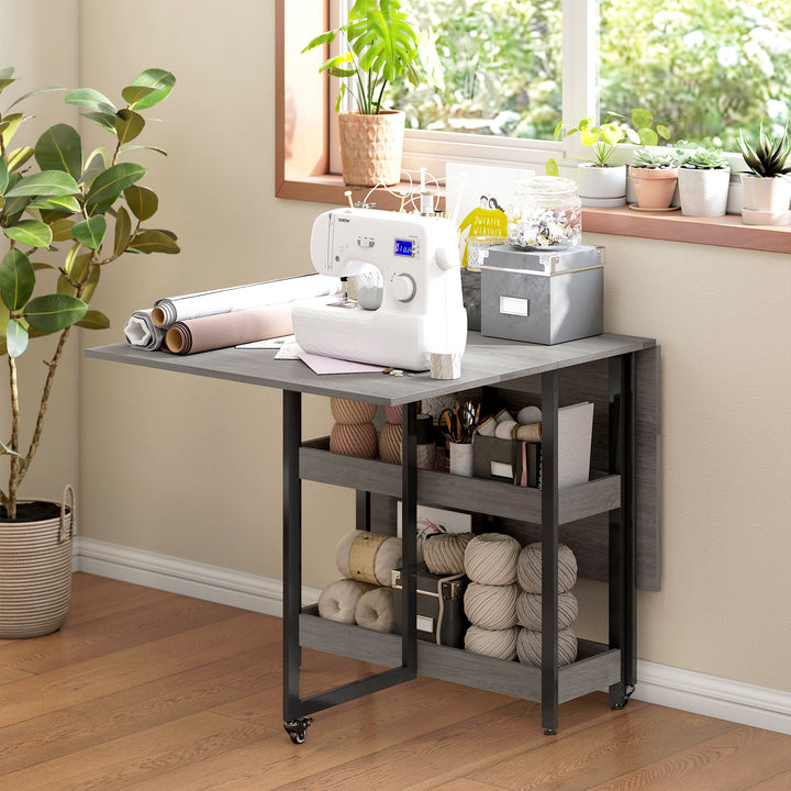 Klappeligt spisebord i industrielt design, til op til 4 personer, åbne hylder, fleksibelt, metal, spånplade, grå