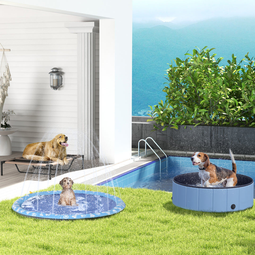 Sammenklappeligt hundebadekar, hundepool, swimmingpool, børnepool, badekar til hunde og katte, vandbassin af plastik og træ, Ø100 x H30 cm, blå