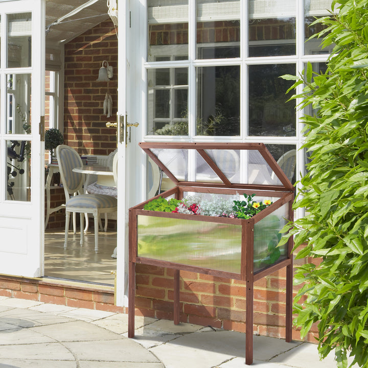 Højbed i træ 90 x 50 x 93 cm, dyrkningsbord med overdækning, vejrbestandigt urtebed, plantekasse til have, balkon og terrasse, brun
