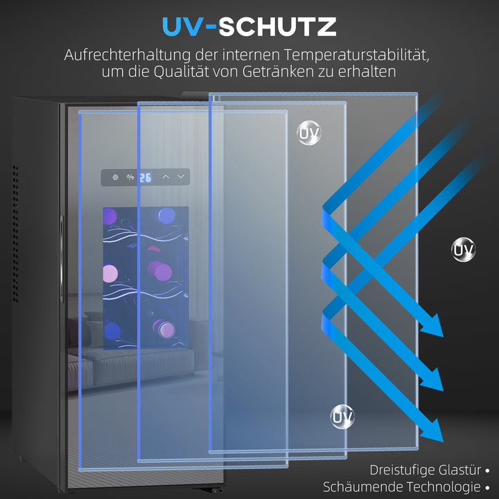 Vinkøler til 12 flasker med glasdør, drikkevarekøler med led-lys, touchskærm, sort