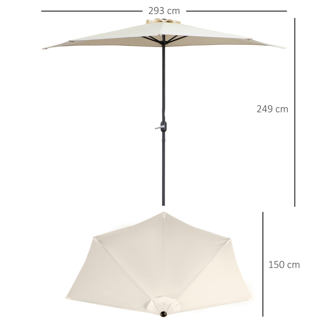 Halvcirkelformet parasol med håndsving, haveparasol, metalstel, balkonparasol, 293x150 cm, cremehvid