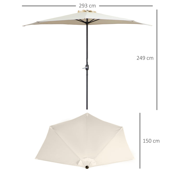 Halvcirkelformet parasol med håndsving, haveparasol, metalstel, balkonparasol, 293x150 cm, cremehvid