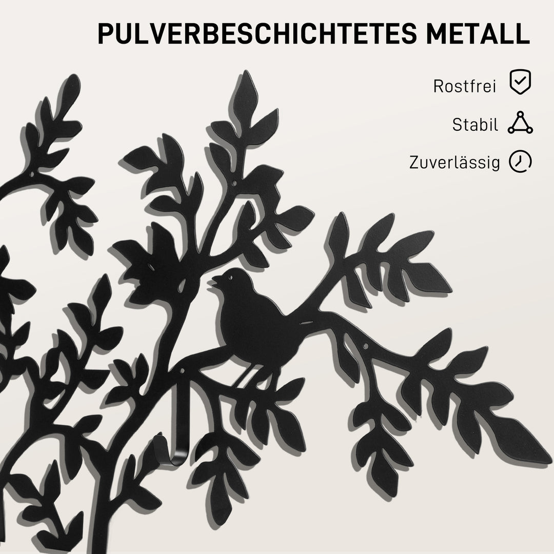 Vægmonteret knagerække, vægmonteret knage, trædesign med fugle, sort