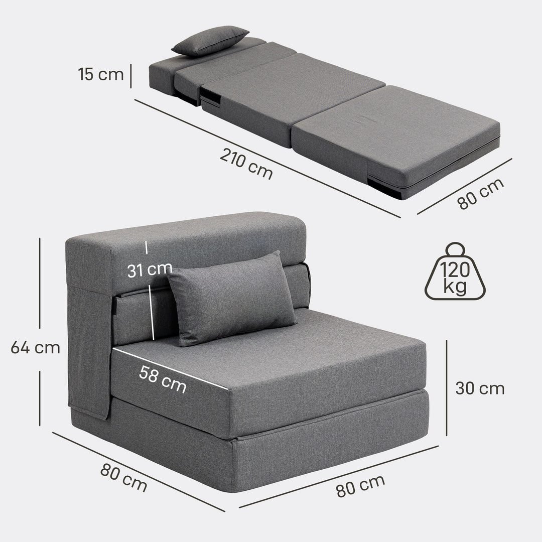 3-i-1 sovesofa med linnedlook, 80 x 80 x 64 cm, mørkegrå