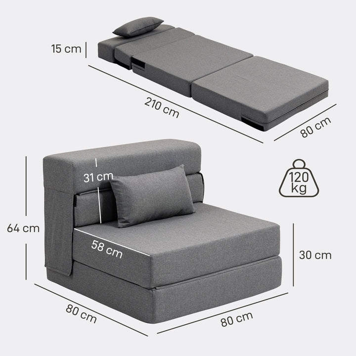 3-i-1 sovesofa med linnedlook, 80 x 80 x 64 cm, mørkegrå