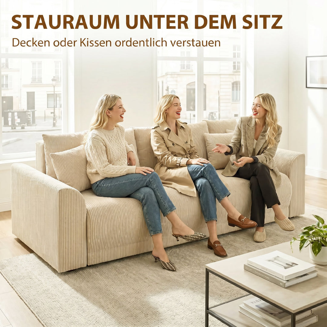 Sovesofa 190x150cm 3-personers sofa med sovefunktion, hynder, opbevaringsplads, corduroy-look til stuen, beige