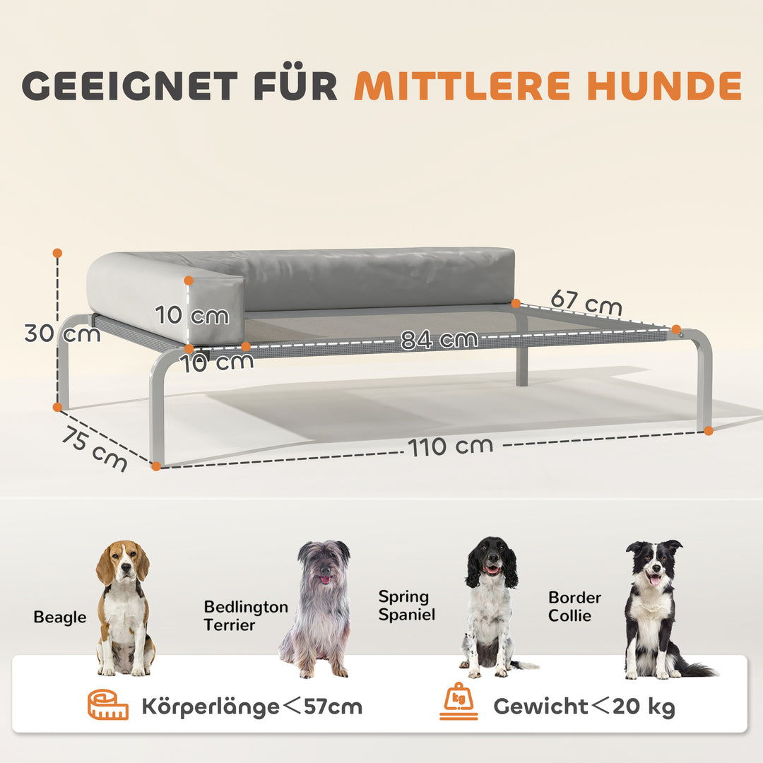 Udendørs hundeseng, hævet hundeseng til mellemstore hunde, med l-formet hynde, 110x75x30cm, lysegrå