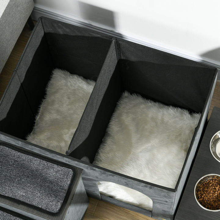 Kattehus kattehule, 3 kæledyrstrapper, 2 madskåle, 70 x 50 x 51 cm, grå