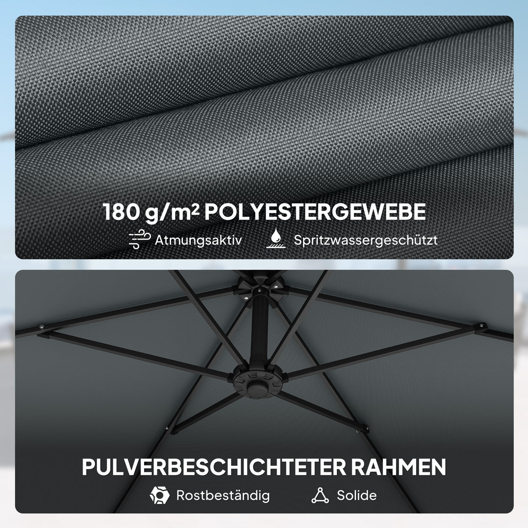 Fritstående parasol ca. Ø300 cm, solskærm med låsemekanisme, håndsving, stativ, vægte, mørkegrå