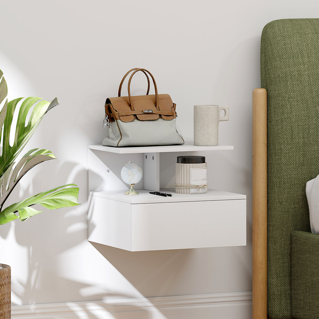 Ophængt natbord med skuffe og åbent rum, hvid, 40 x 35 x 32 cm