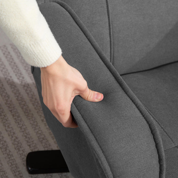 Gyngestol med fodskammel, betræk af fløjlsstof, drejestol med polstring, træstel, grå