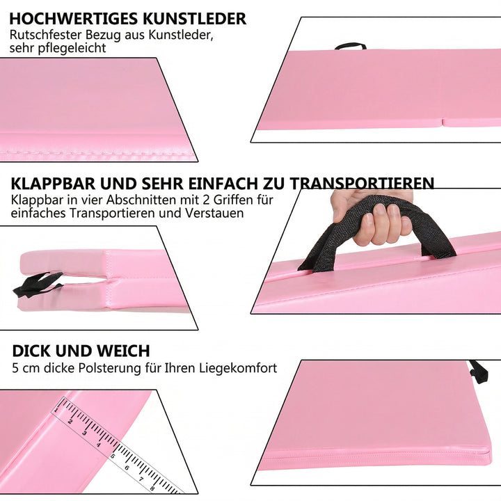 Sammenklappelig træningsmåtte med håndtag til yoga, MMA, fitness, pilates, syntetisk betræk, 180 x 60 x 5 cm, pink