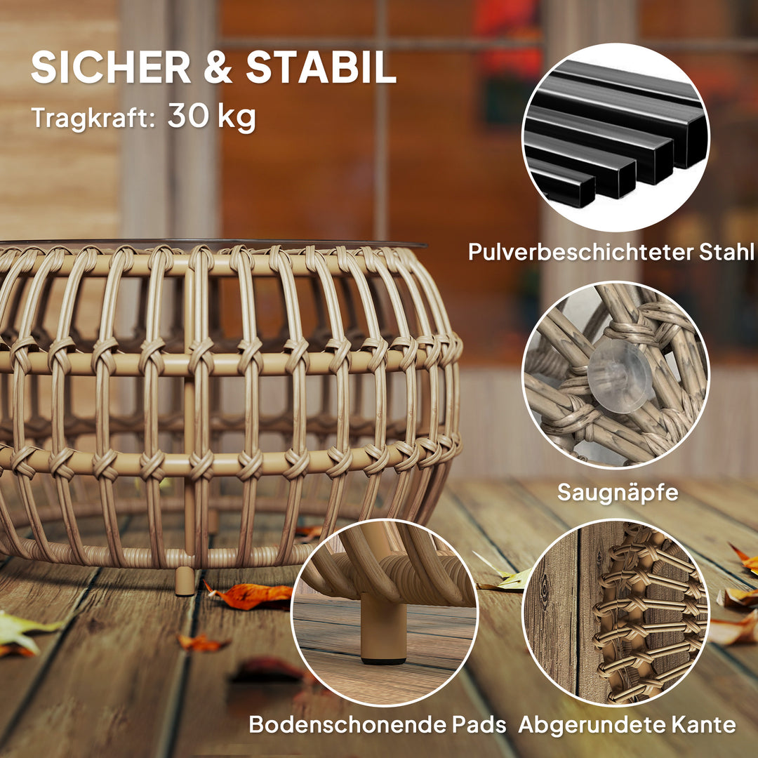 Sæt med 2 sideborde, polyrattan, Ø66/42 cm, rundt, vejrbestandigt, havebord med glasplade, brunt