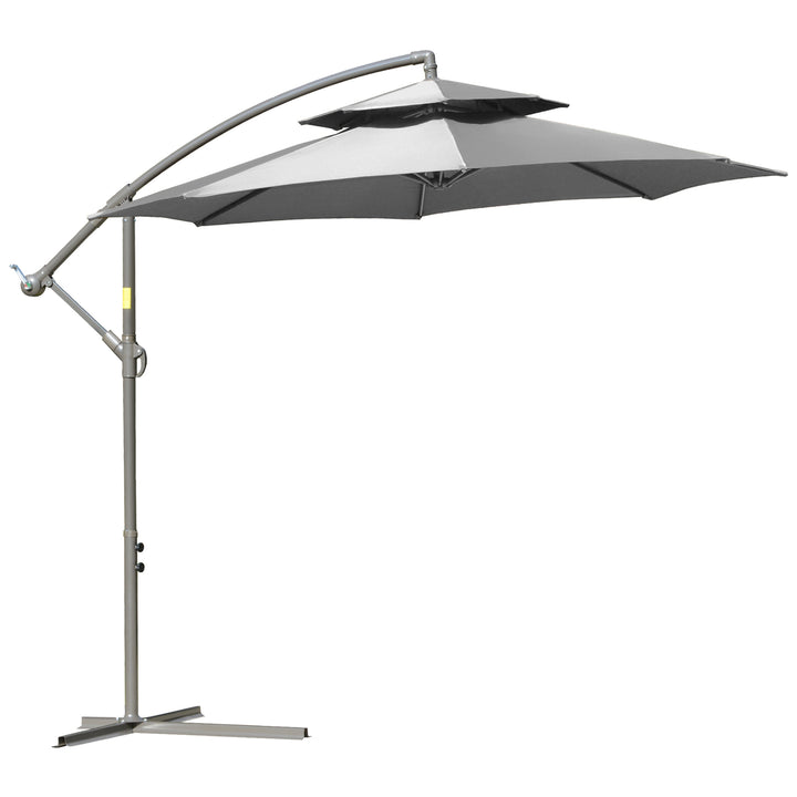 Parasol fritbærende parasol ø2,67 x 2,45 m svingparasol med dobbelt tag krydsfod stål udendørs solbeskyttelse polyester stål lysegrå