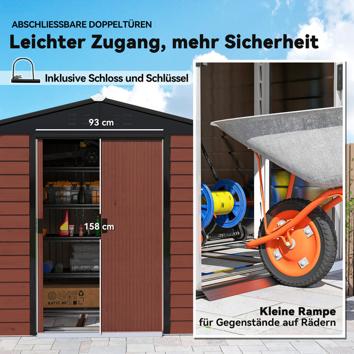 Metalredskabsskur, vejrbestandigt og rustbestandigt, aflåseligt, 2,40 x 2,06 x 1,98 m, teaktræ