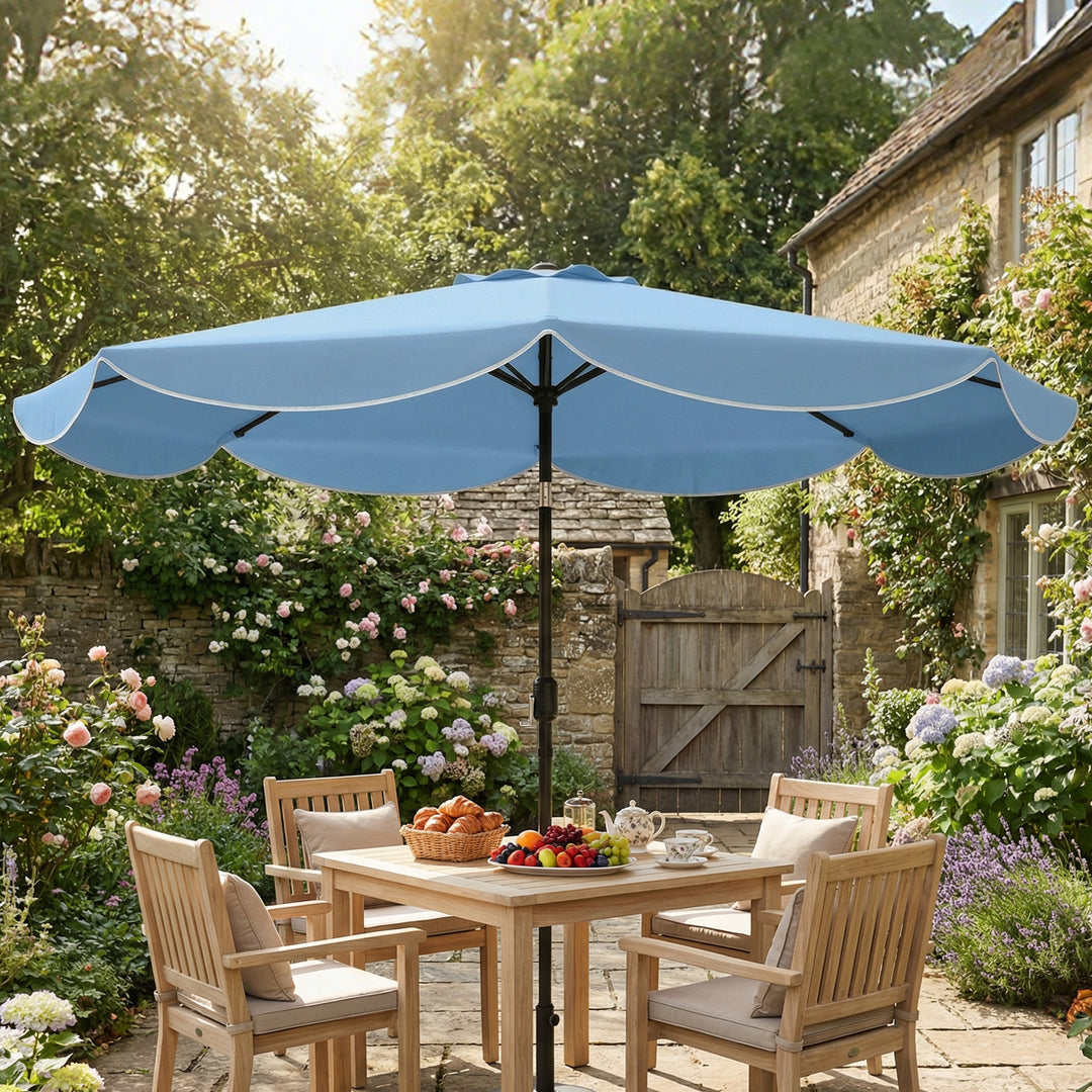 Rund parasol, balkonparasol, strandparasol med 3 vippepositioner, håndsving, 8 ribber, Ø265 x 235H cm, himmelblå