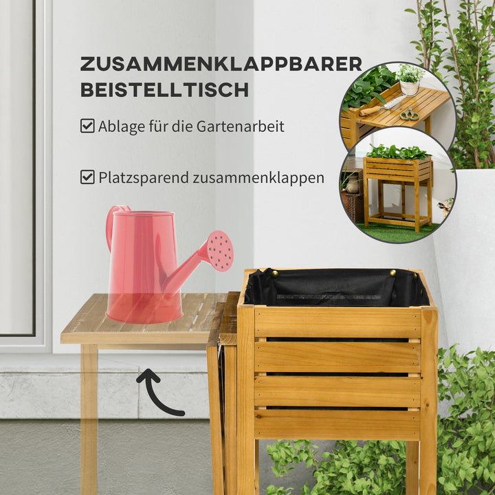 Højbed med foldbar arbejdsflade, lakeret massivt træ, fleeceforing, 64 cm x 63 cm x 74,5 cm