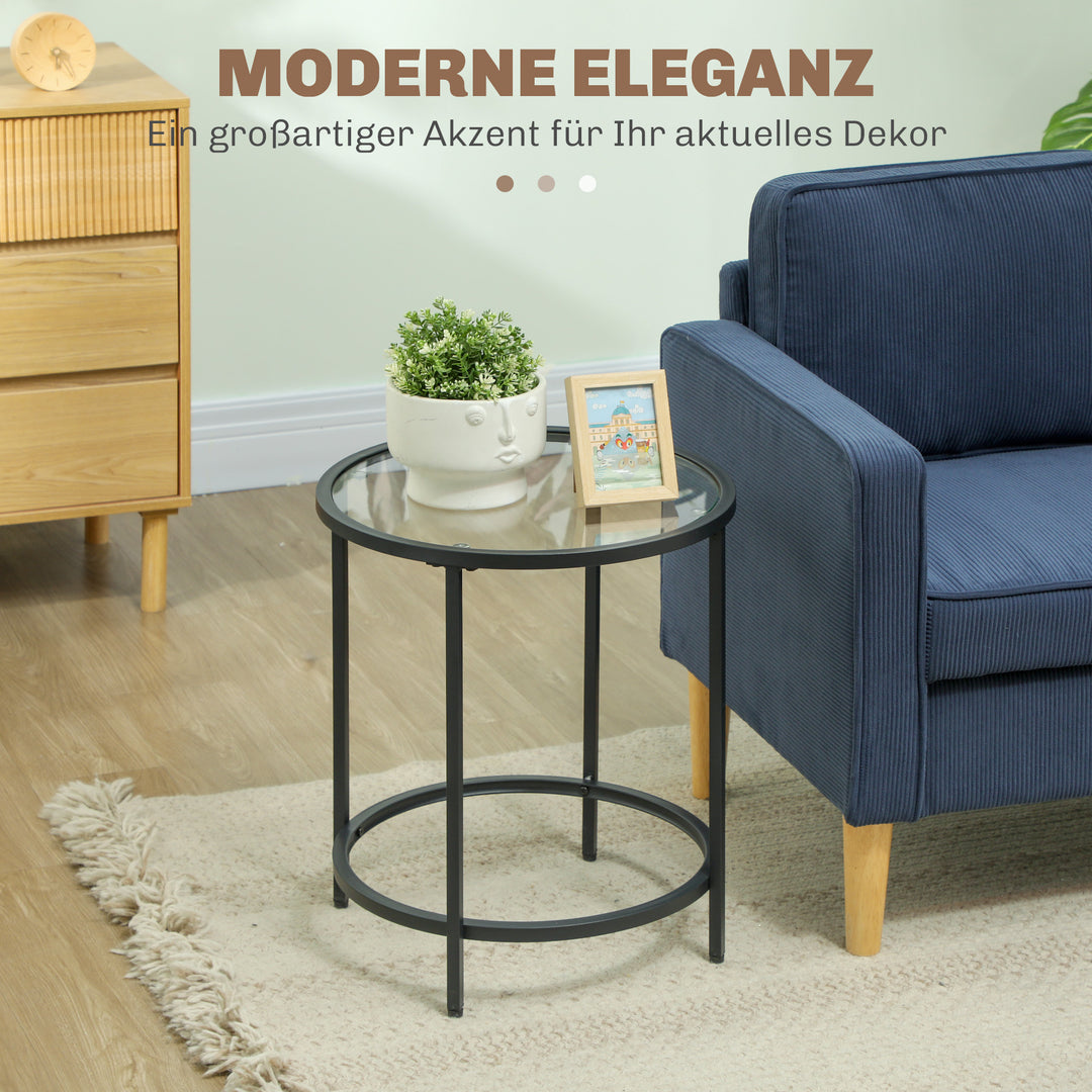 Rundt sidebord med glasplade og metalstel, lille sofabord til stue, soveværelse, sort