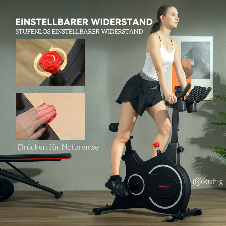 Motionscykel, fitnesscykel med lcd-skærm, tabletholder, flaskeholder, komfortabelt sæde, kompakt, sort