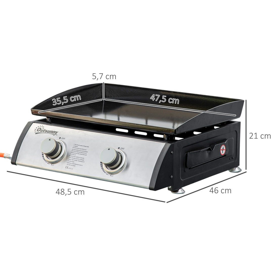 Gasgrill med 2 brændere, slange, non-stick grillplade, rustfrit stål, farve: sølv, 48,5 x 48 x 21 cm