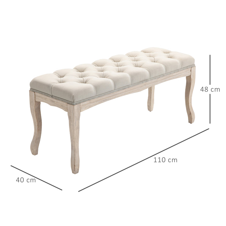 Polstret bænk med linnedbetræk, sengebænk med træramme, skobænk til soveværelse, stue, entre, 110 x 40 x 48 cm, beige