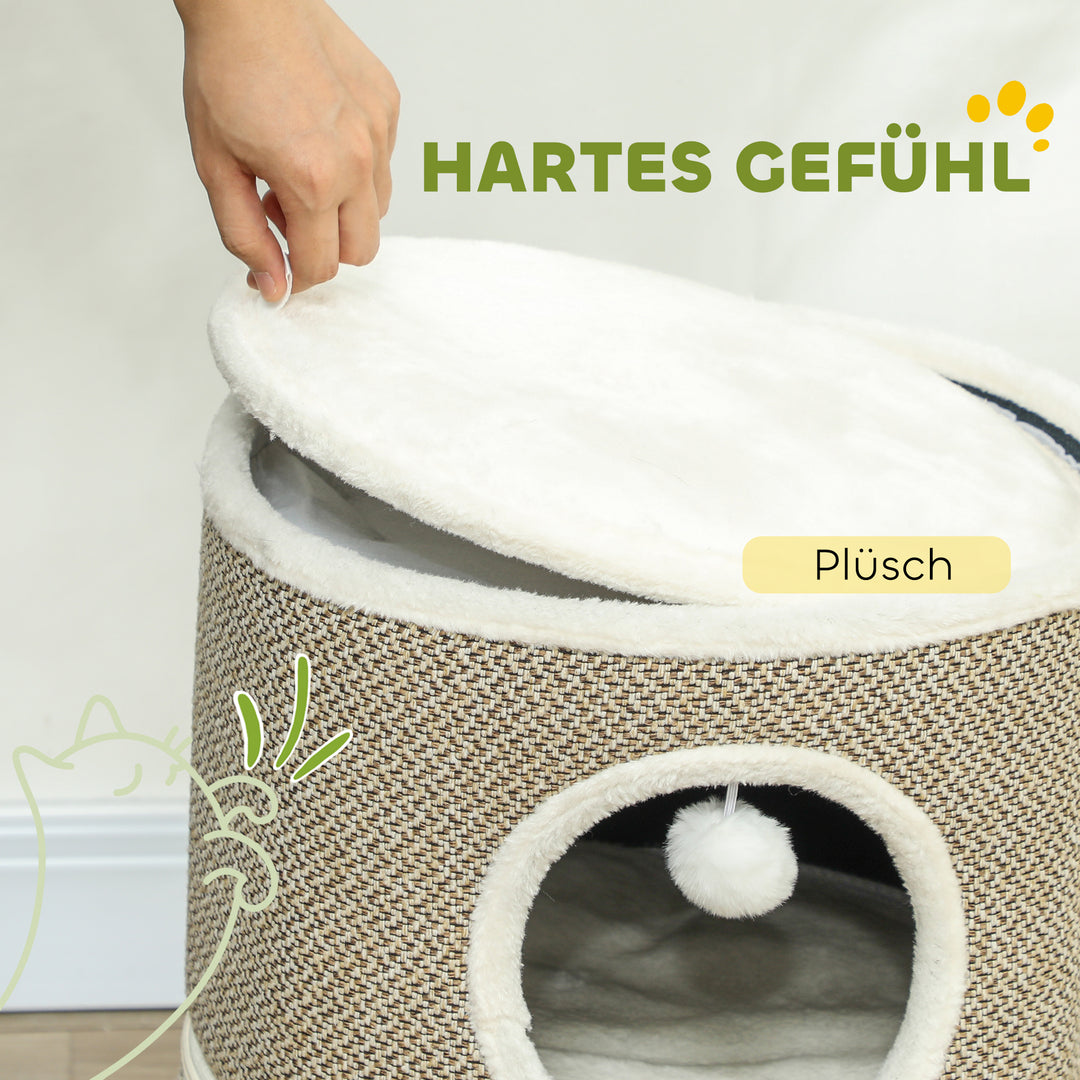 Kattehule, 3 niveauer, kattehus, plys, pude, sisal kradsebræt, 40 x 56h cm, kaffe/cremehvid