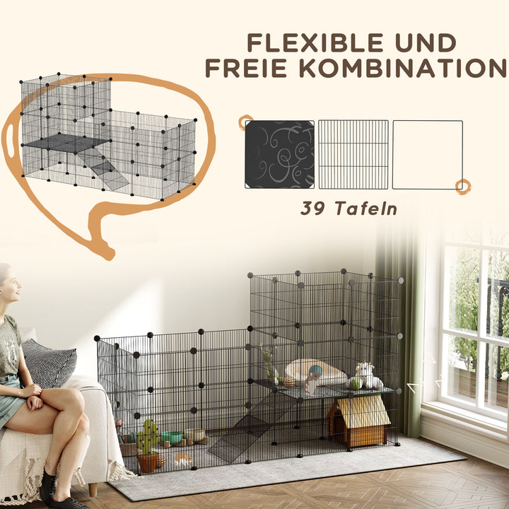 Dværgkaninbur, 39-panelers lille kæledyrsbur med rampe, til små dyr, indendørs, sort