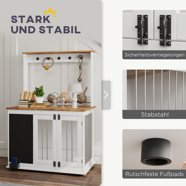 Hundebur med legetøjsopbevaringshylde, snorkrog, skrivetavle, viskelæder, til store hunde, hvid