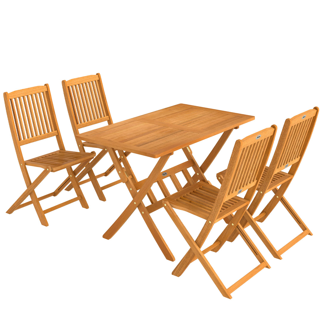FSC-certificeret havemøbelsæt i træ, 5 dele, klapbord med 4 klapstole, lameldesign til haven, naturtræ