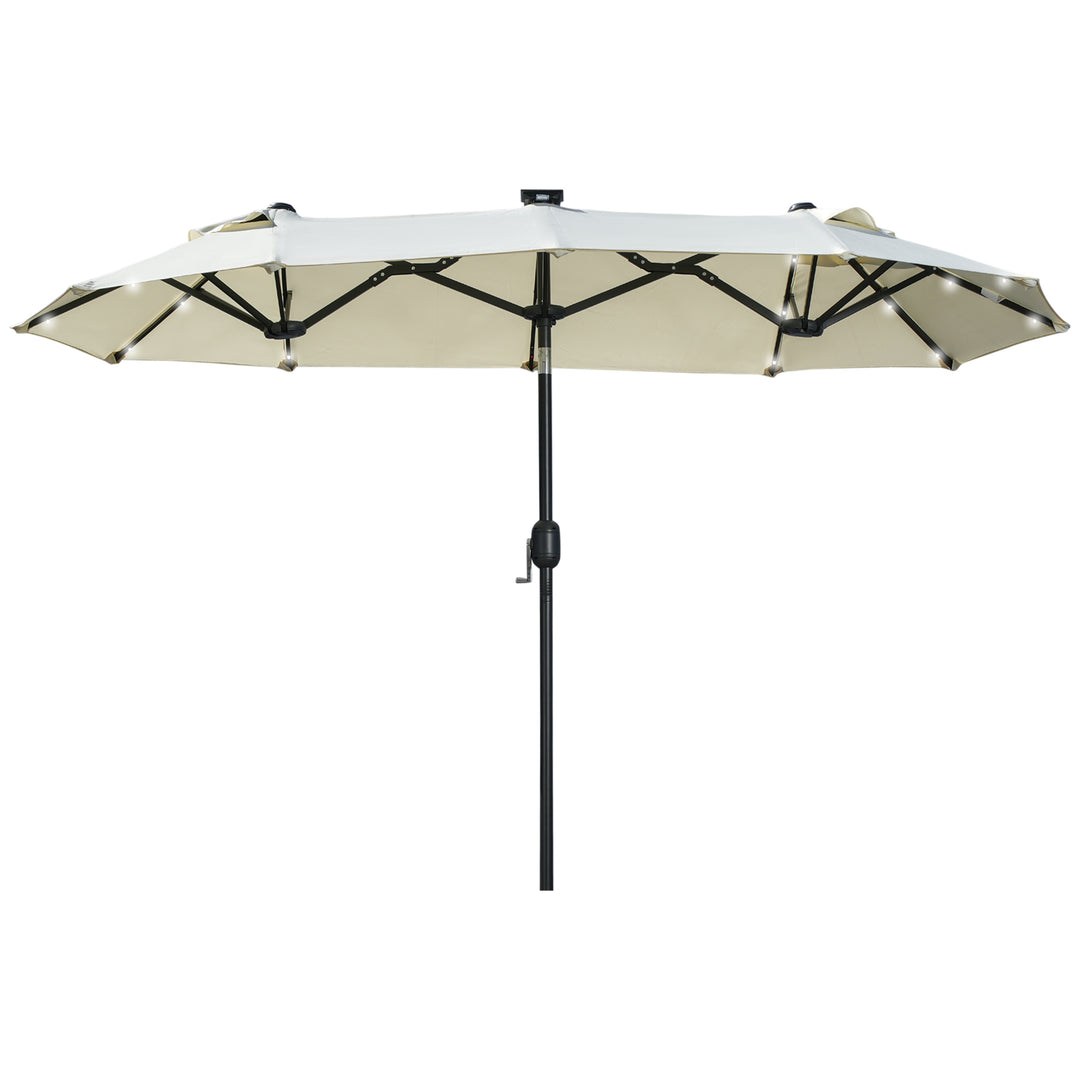 Dobbelt parasol, terrasseparasol, vipbar, med solpanel, 35 LED'er, stålramme, beige, 2,92 x 1,50 x 2,18 m